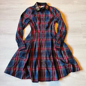 Trish Scully Women's Red Navy Plaid Long Sleeve Cotton Shirt Dress Size 2 NWT